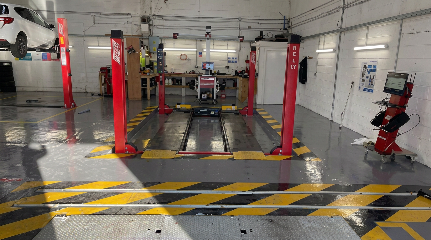Wright Garage & Recovery workshop in Port Glasgow with two-post vehicle lifts and MOT bay